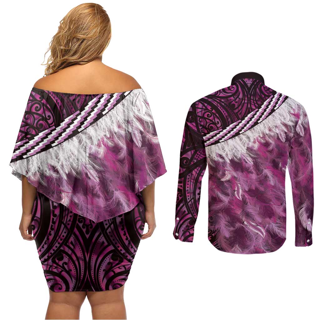 Pink Traditional Cloak Aotearoa Couples Matching Off Shoulder Short Dress and Long Sleeve Button Shirt Maori Paua Shell Korowai Pattern