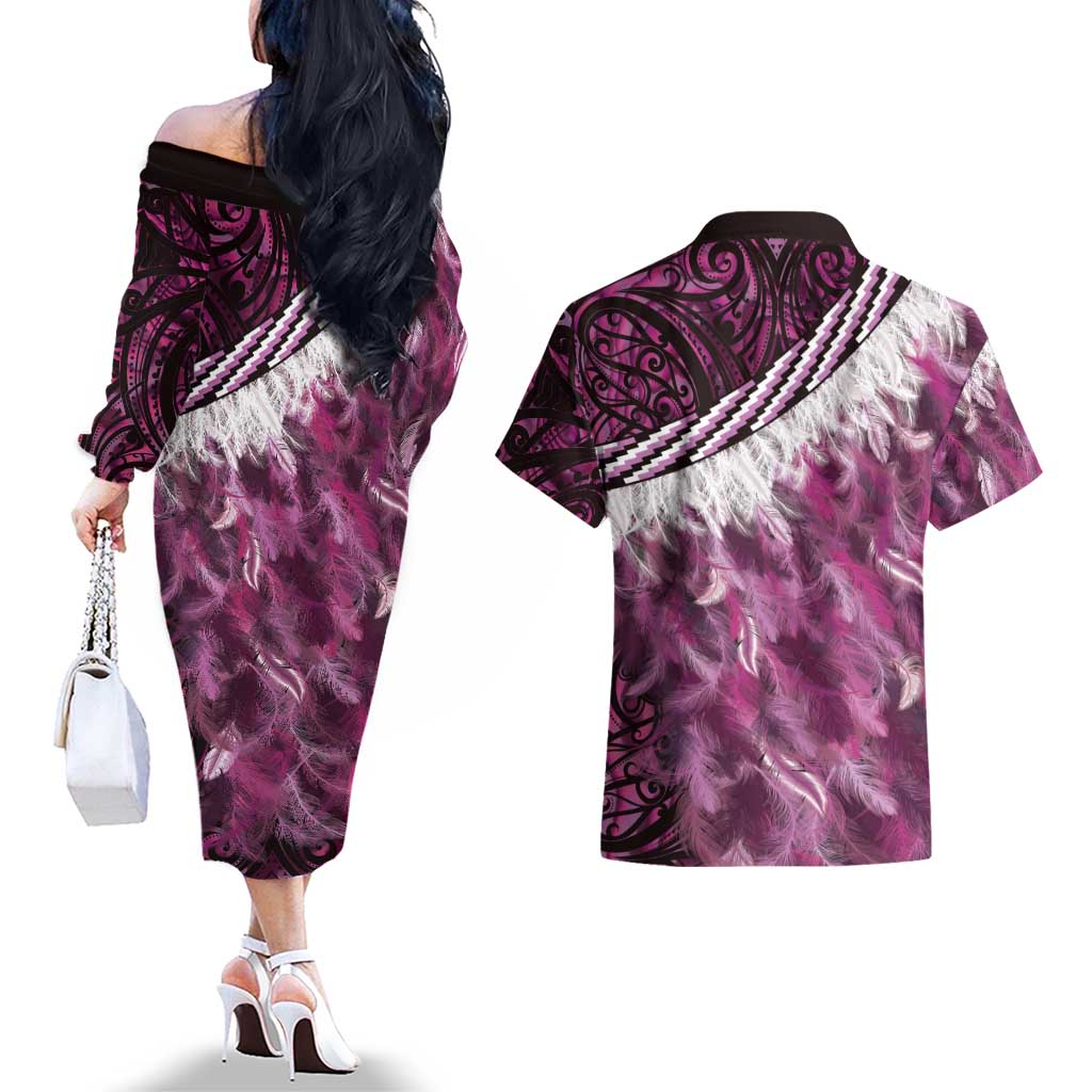 Pink Traditional Cloak Aotearoa Couples Matching Off The Shoulder Long Sleeve Dress and Hawaiian Shirt Maori Paua Shell Korowai Pattern
