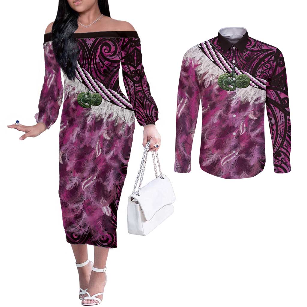 Pink Traditional Cloak Aotearoa Couples Matching Off The Shoulder Long Sleeve Dress and Long Sleeve Button Shirt Maori Paua Shell Korowai Pattern LT14 Pink - Polynesian Pride