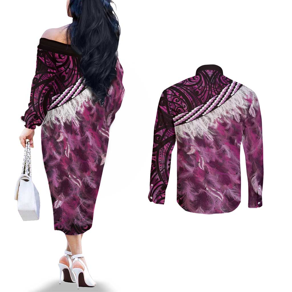 Pink Traditional Cloak Aotearoa Couples Matching Off The Shoulder Long Sleeve Dress and Long Sleeve Button Shirt Maori Paua Shell Korowai Pattern LT14 - Polynesian Pride