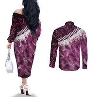 Pink Traditional Cloak Aotearoa Couples Matching Off The Shoulder Long Sleeve Dress and Long Sleeve Button Shirt Maori Paua Shell Korowai Pattern LT14 - Polynesian Pride