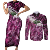 Pink Traditional Cloak Aotearoa Couples Matching Short Sleeve Bodycon Dress and Long Sleeve Button Shirt Maori Paua Shell Korowai Pattern