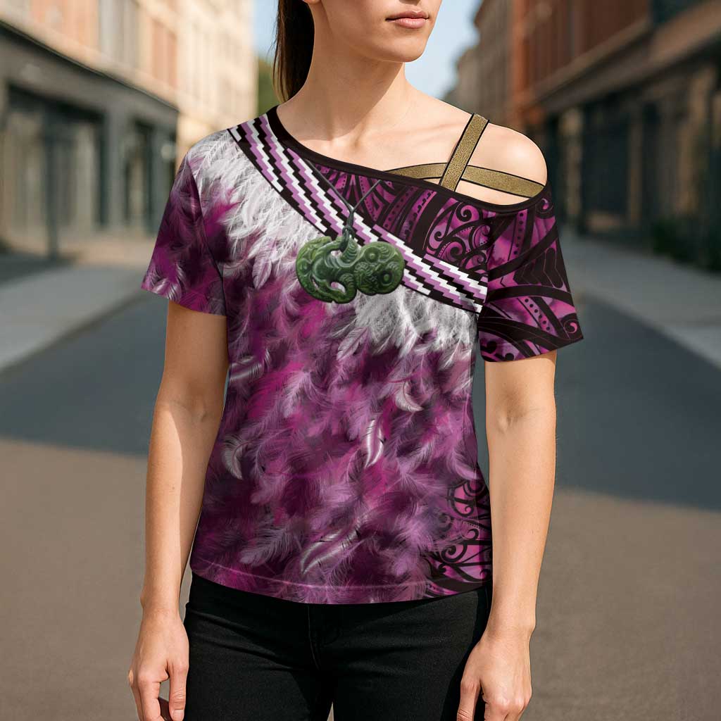 Pink Traditional Cloak Aotearoa Cross Shoulder Shirt Maori Paua Shell Korowai Pattern - Polynesian Pride