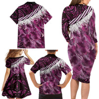 Pink Traditional Cloak Aotearoa Family Matching Long Sleeve Bodycon Dress and Hawaiian Shirt Maori Paua Shell Korowai Pattern LT14 - Polynesian Pride