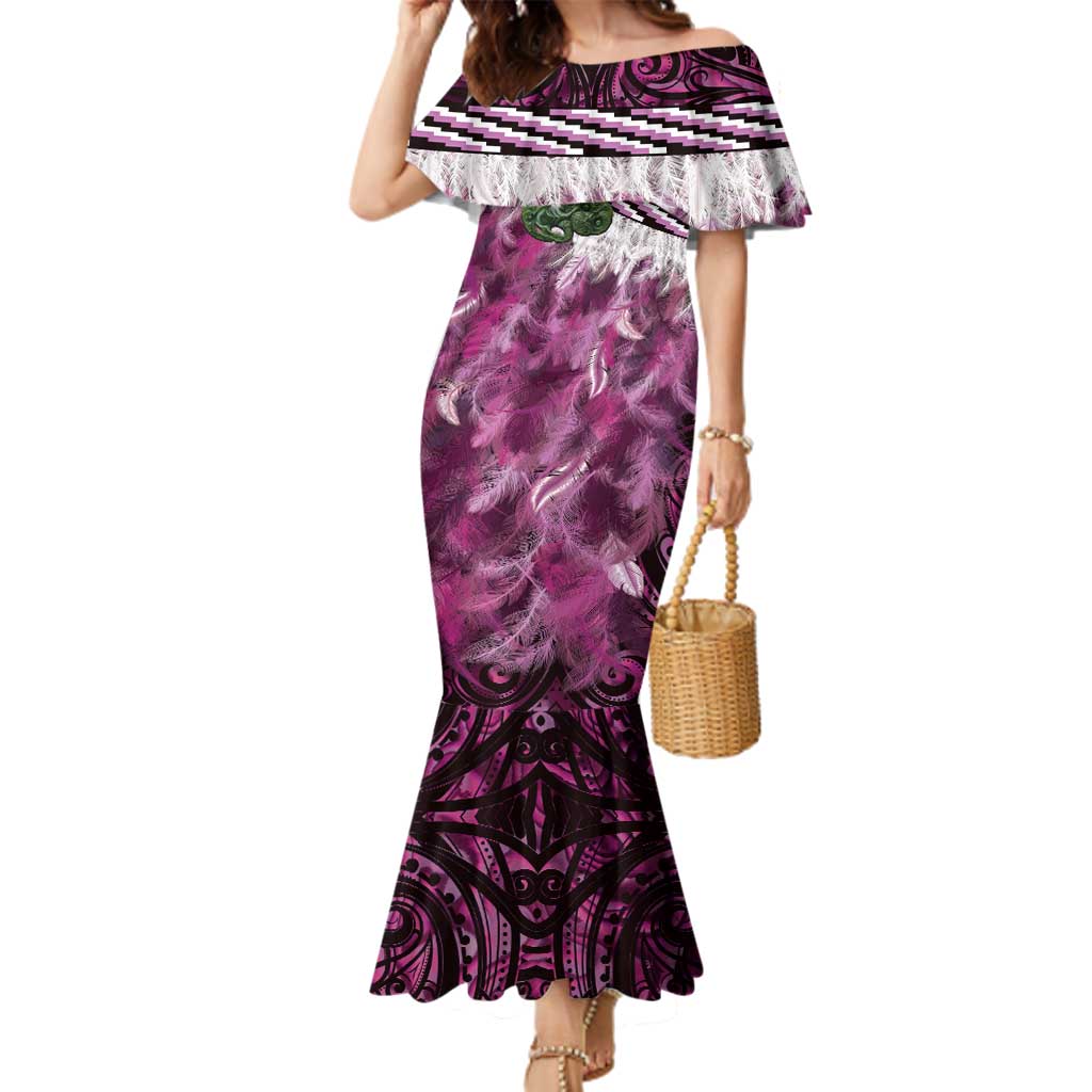 Pink Traditional Cloak Aotearoa Family Matching Mermaid Dress and Hawaiian Shirt Maori Paua Shell Korowai Pattern LT14 Mom's Dress Pink - Polynesian Pride