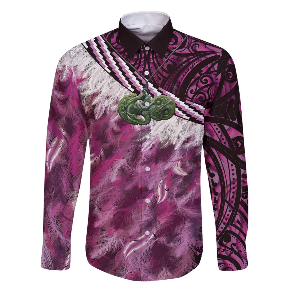 Pink Traditional Cloak Aotearoa Family Matching Off The Shoulder Long Sleeve Dress and Hawaiian Shirt Maori Paua Shell Korowai Pattern LT14 Dad's Shirt - Long Sleeve Pink - Polynesian Pride
