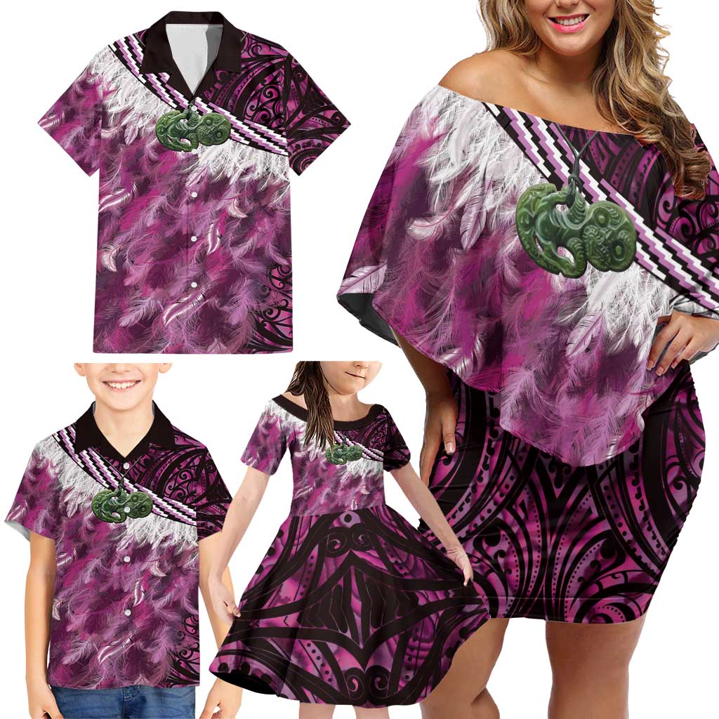 Pink Traditional Cloak Aotearoa Family Matching Off Shoulder Short Dress and Hawaiian Shirt Maori Paua Shell Korowai Pattern
