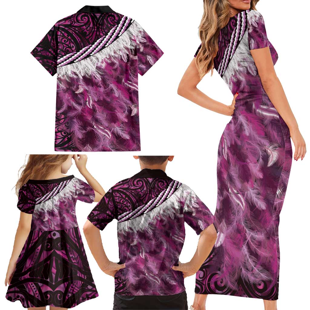 Pink Traditional Cloak Aotearoa Family Matching Short Sleeve Bodycon Dress and Hawaiian Shirt Maori Paua Shell Korowai Pattern LT14 - Polynesian Pride