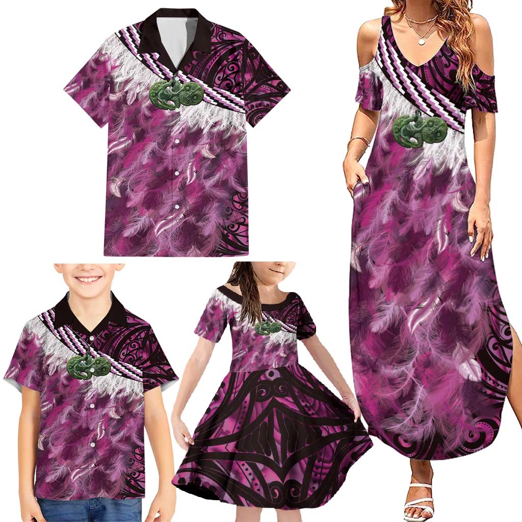 Pink Traditional Cloak Aotearoa Family Matching Summer Maxi Dress and Hawaiian Shirt Maori Paua Shell Korowai Pattern