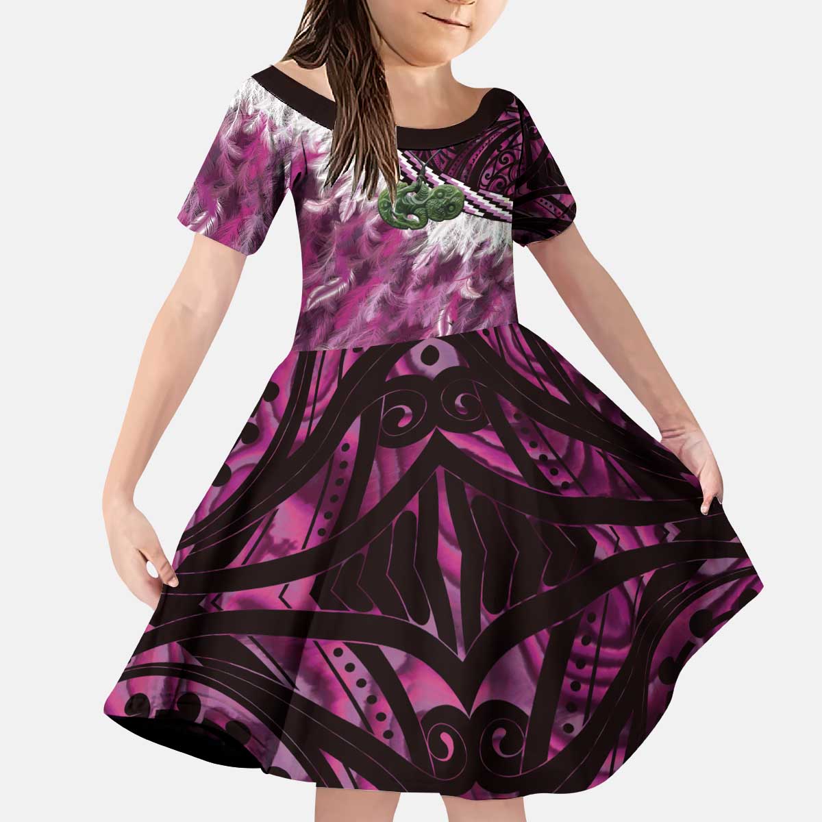 Pink Traditional Cloak Aotearoa Kid Short Sleeve Dress Maori Paua Shell Korowai Pattern