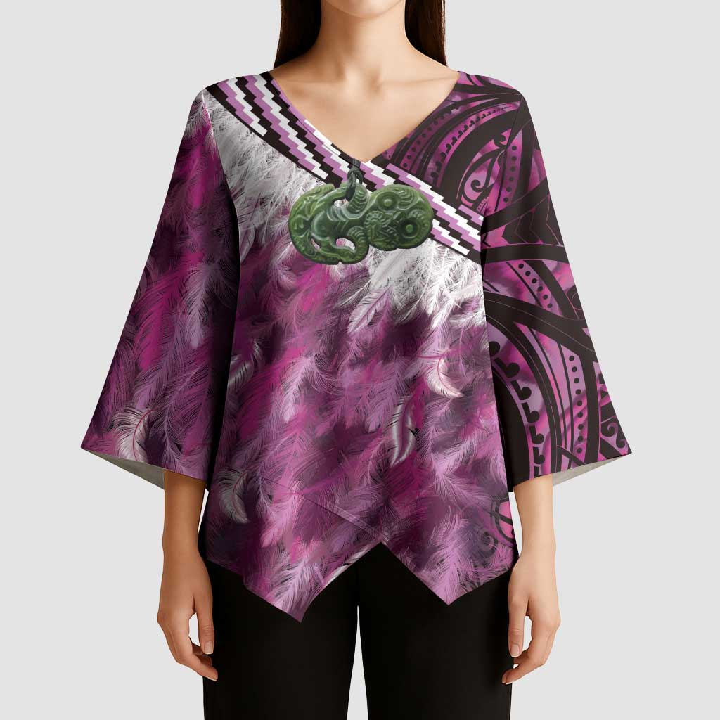 Pink Traditional Cloak Aotearoa Kimono Sleeve Blouse Maori Paua Shell Korowai Pattern - Polynesian Pride