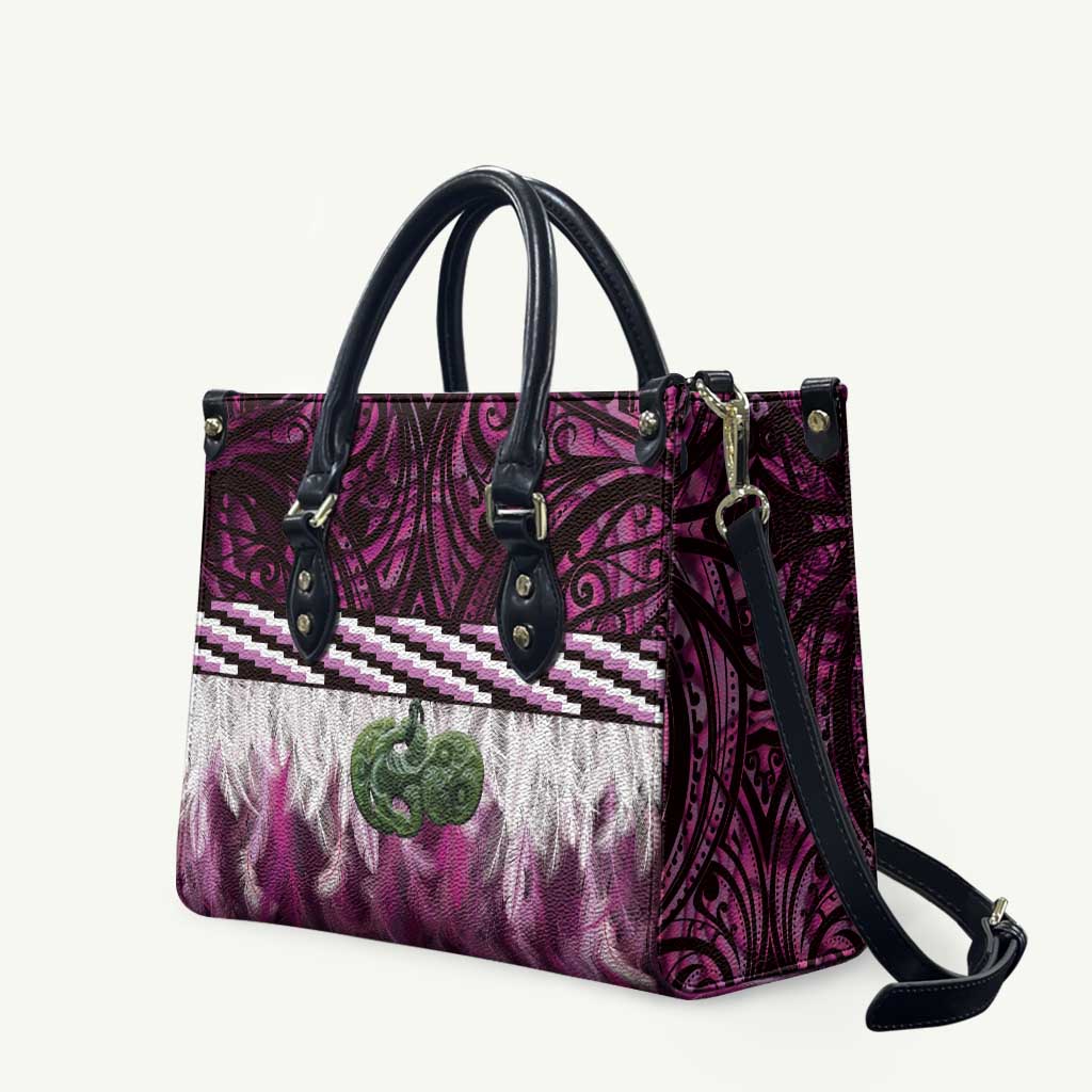 Pink Traditional Cloak Aotearoa Leather Bag Maori Paua Shell Korowai Pattern - Polynesian Pride