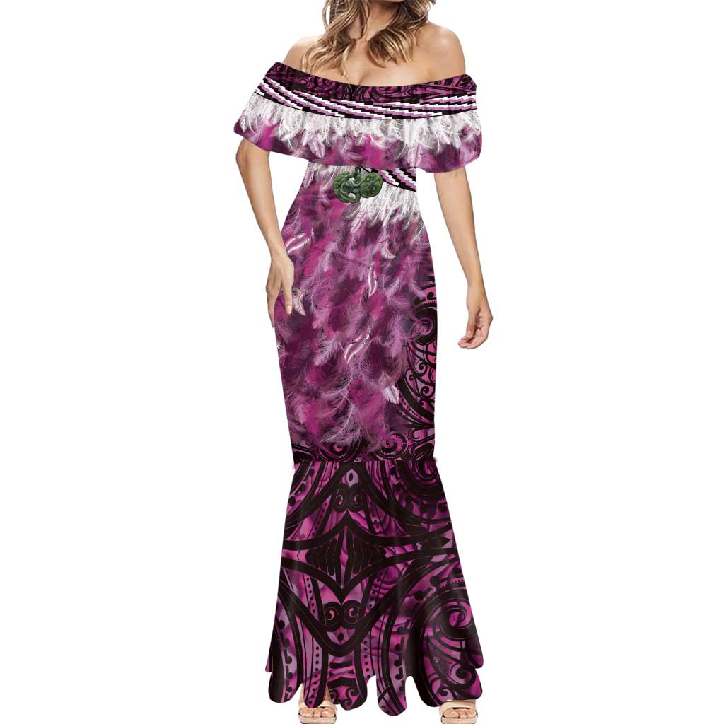 Pink Traditional Cloak Aotearoa Mermaid Dress Maori Paua Shell Korowai Pattern