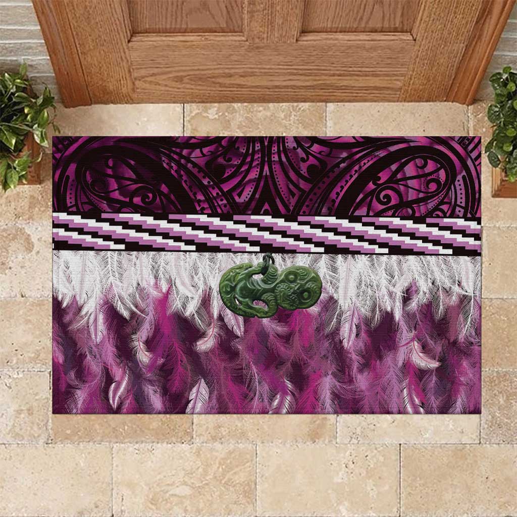Pink Traditional Cloak Aotearoa Rubber Doormat Maori Paua Shell Korowai Pattern
