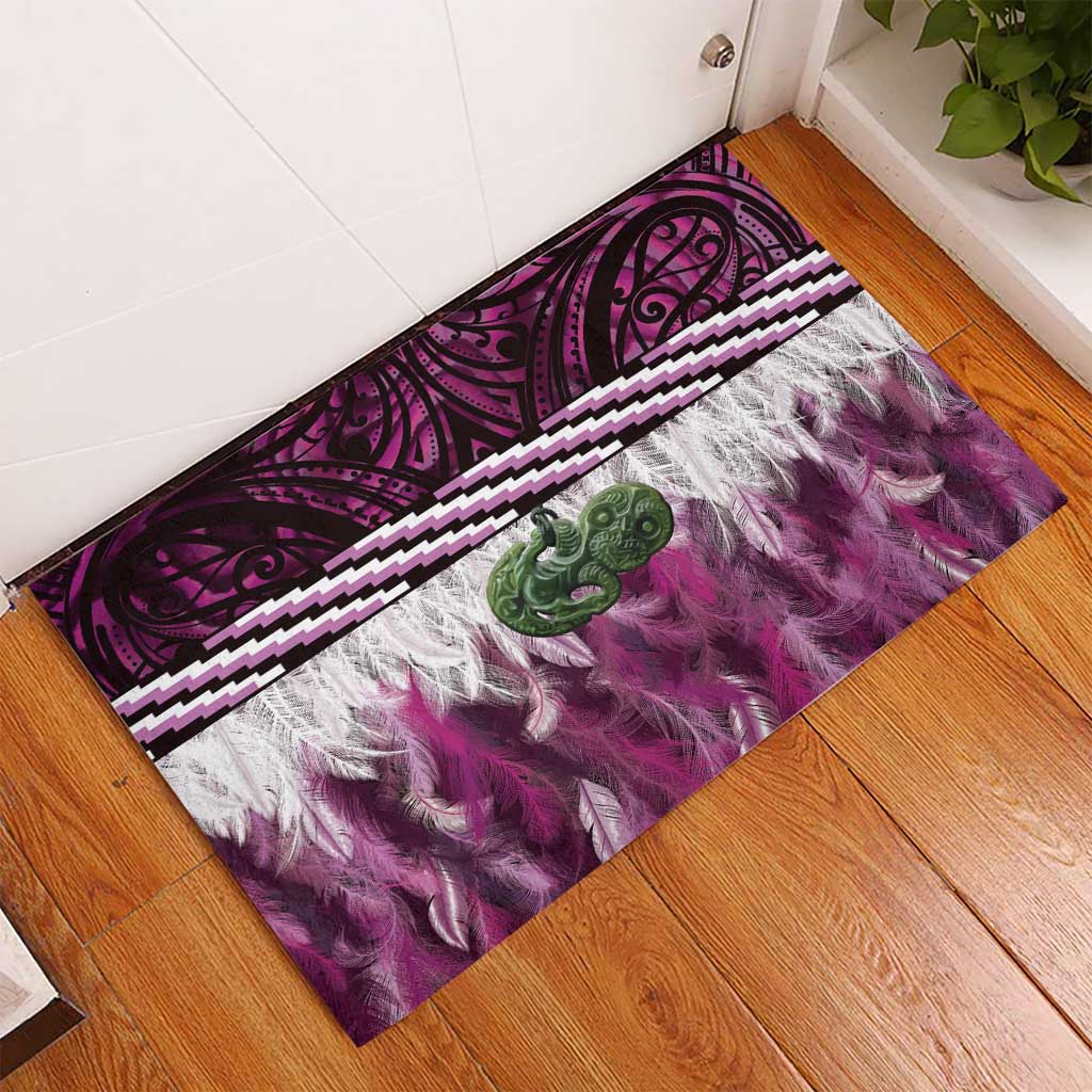 Pink Traditional Cloak Aotearoa Rubber Doormat Maori Paua Shell Korowai Pattern