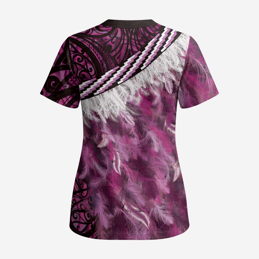 Pink Traditional Cloak Aotearoa Scrub Top Maori Paua Shell Korowai Pattern - Polynesian Pride