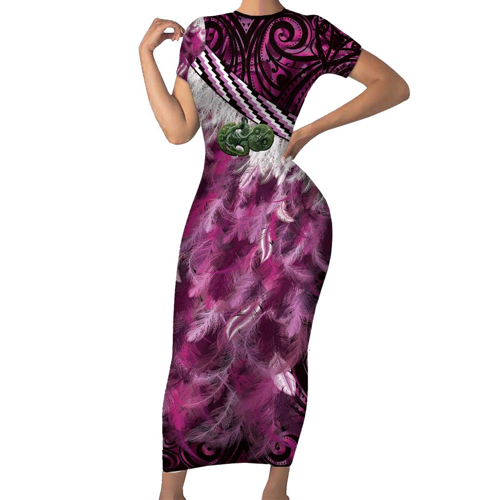 Pink Traditional Cloak Aotearoa Short Sleeve Bodycon Dress Maori Paua Shell Korowai Pattern