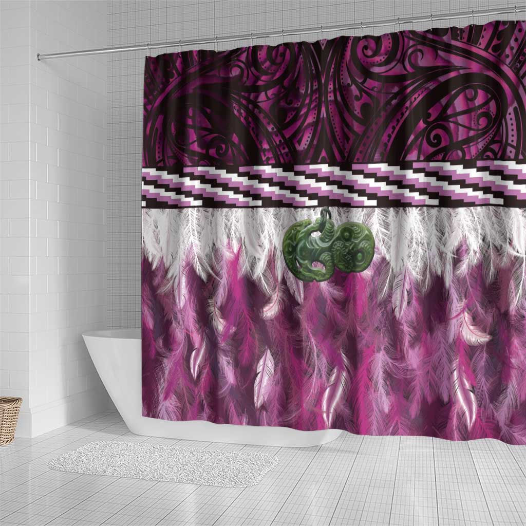 Pink Traditional Cloak Aotearoa Shower Curtain Maori Paua Shell Korowai Pattern