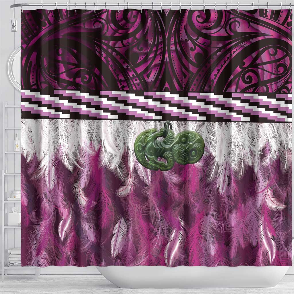Pink Traditional Cloak Aotearoa Shower Curtain Maori Paua Shell Korowai Pattern