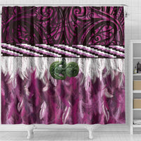 Pink Traditional Cloak Aotearoa Shower Curtain Maori Paua Shell Korowai Pattern