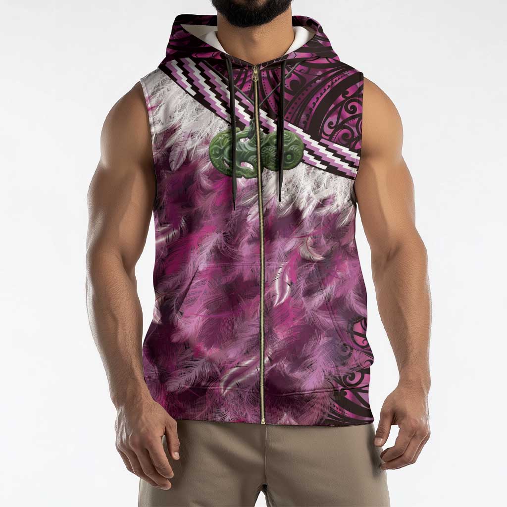 Pink Traditional Cloak Aotearoa Sleeveless Zip Hoodie Maori Paua Shell Korowai Pattern - Polynesian Pride