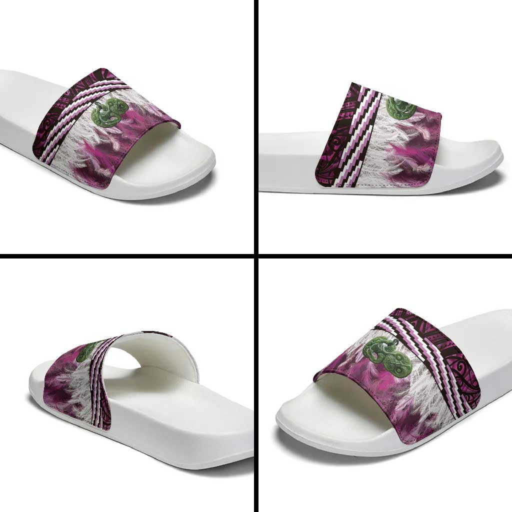 Pink Traditional Cloak Aotearoa Slide Sandals Maori Paua Shell Korowai Pattern - Polynesian Pride