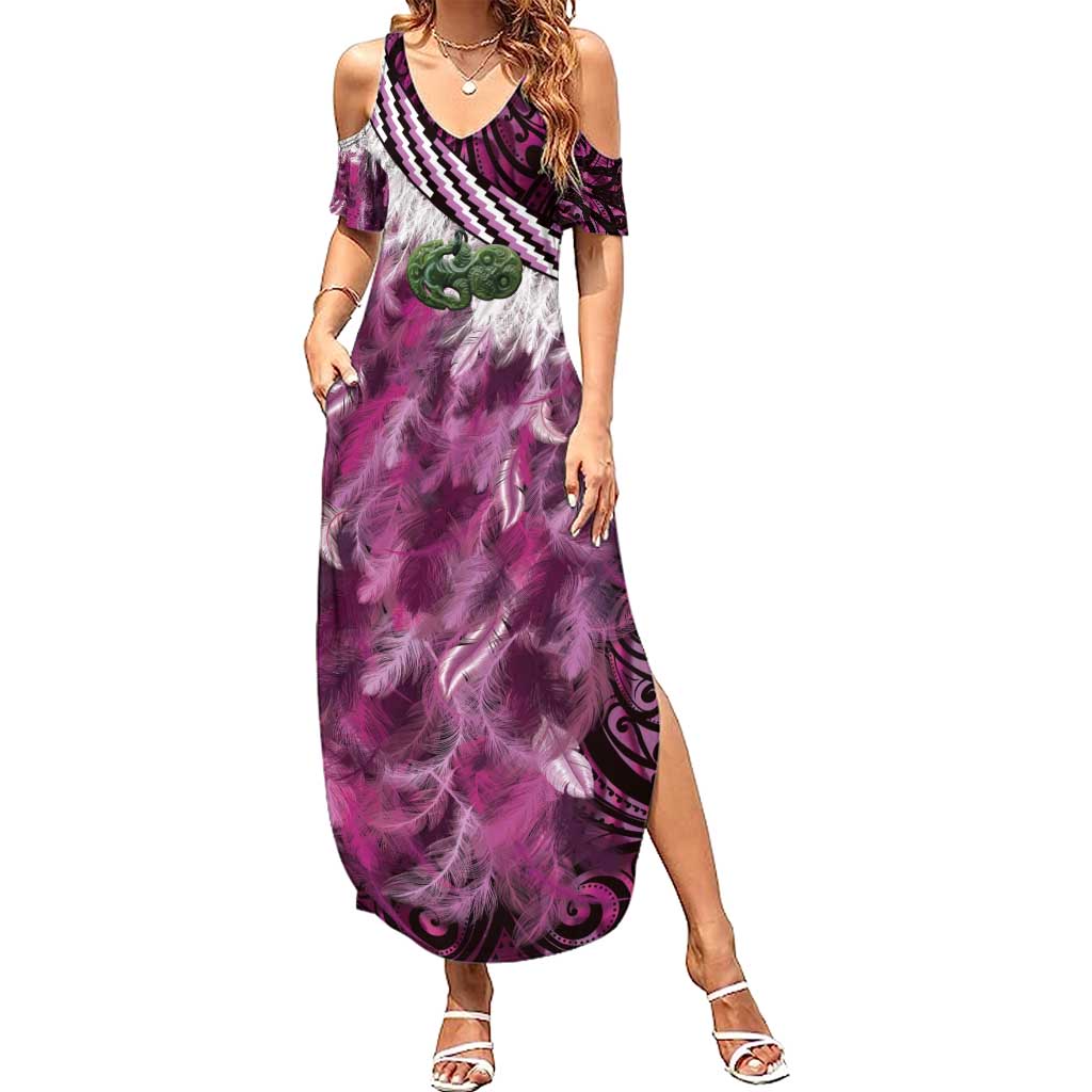 Pink Traditional Cloak Aotearoa Summer Maxi Dress Maori Paua Shell Korowai Pattern
