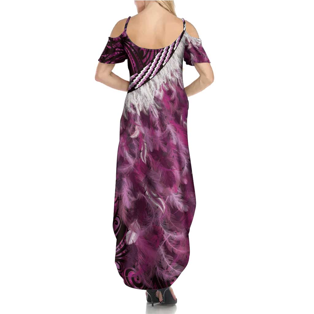 Pink Traditional Cloak Aotearoa Summer Maxi Dress Maori Paua Shell Korowai Pattern