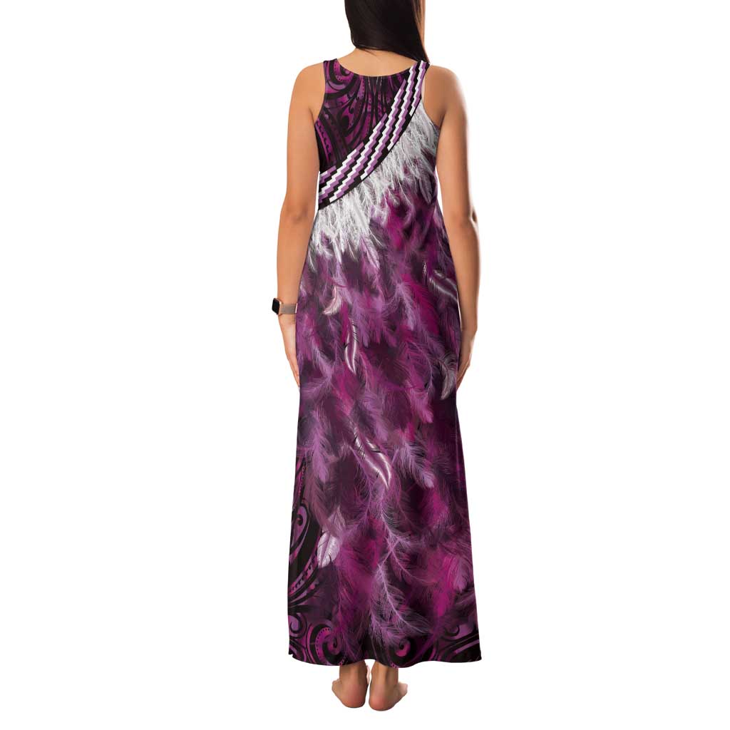 Pink Traditional Cloak Aotearoa Tank Maxi Dress Maori Paua Shell Korowai Pattern