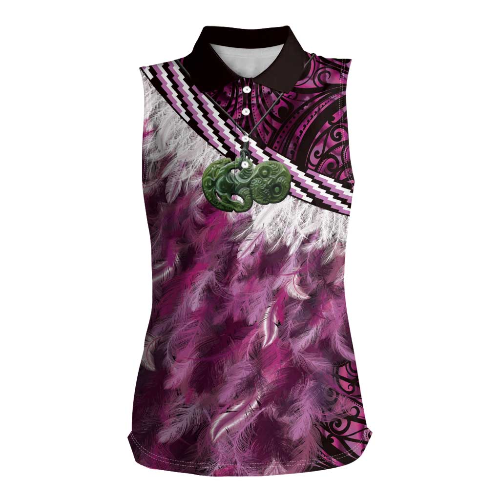 Pink Traditional Cloak Aotearoa Women Sleeveless Polo Shirt Maori Paua Shell Korowai Pattern