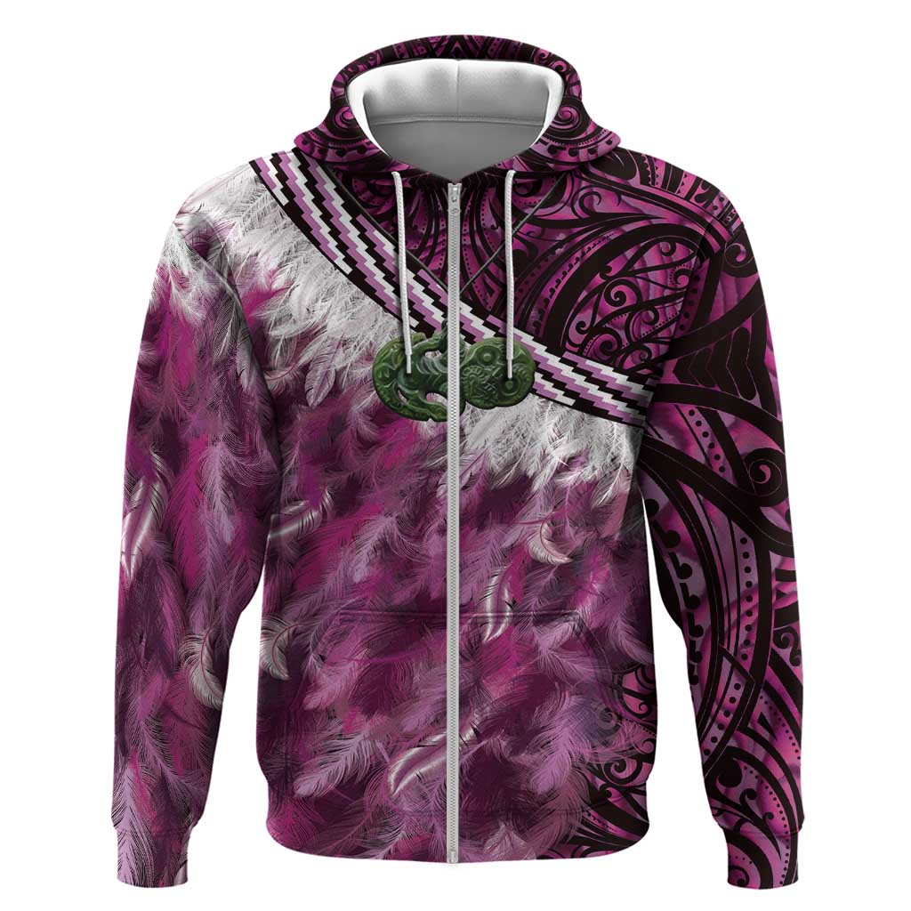 Pink Traditional Cloak Aotearoa Zip Hoodie Maori Paua Shell Korowai Pattern
