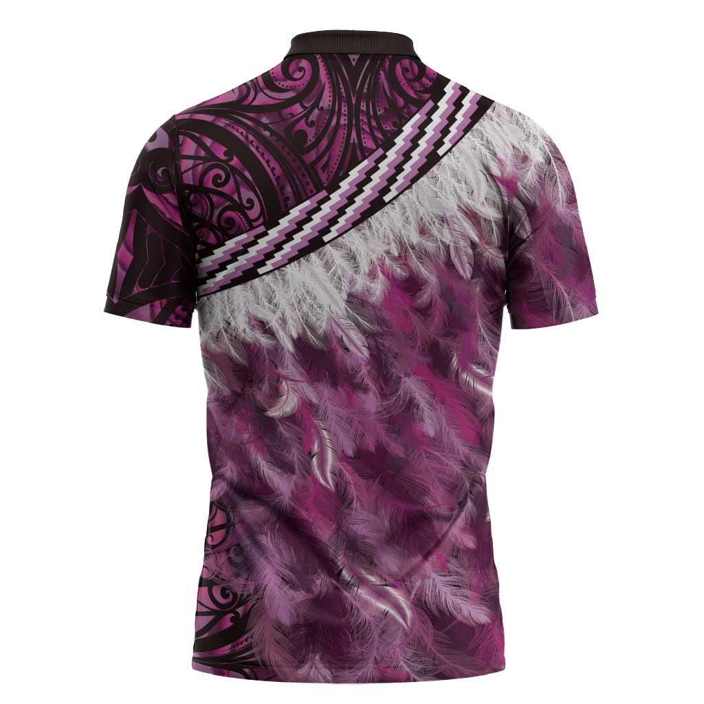Pink Traditional Cloak Aotearoa Zipper Polo Shirt Maori Paua Shell Korowai Pattern - Polynesian Pride