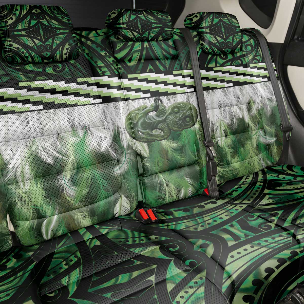 Green Traditional Cloak Aotearoa Back Car Seat Cover Maori Paua Shell Korowai Pattern
