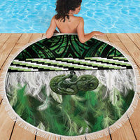 Green Traditional Cloak Aotearoa Beach Blanket Maori Paua Shell Korowai Pattern
