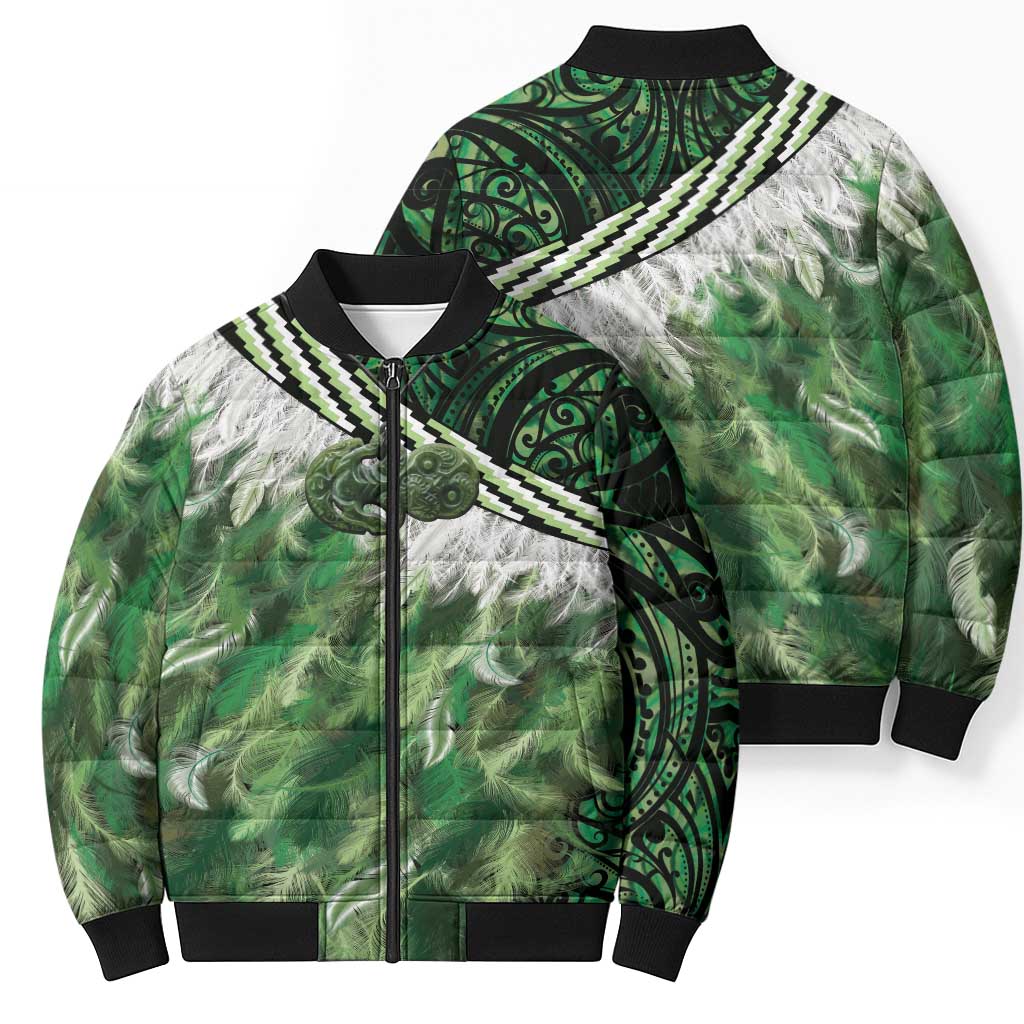 Green Traditional Cloak Aotearoa Bomber Puffer Jacket Maori Paua Shell Korowai Pattern - Polynesian Pride