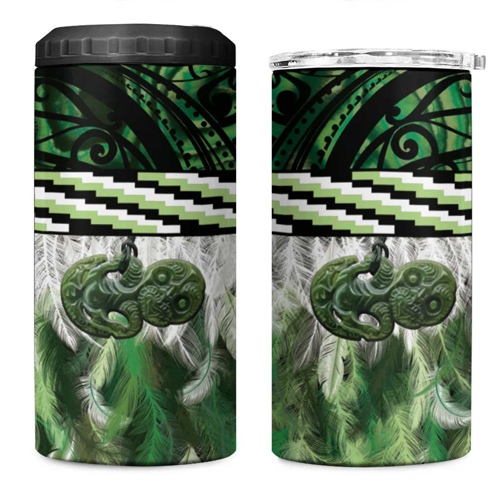 Green Traditional Cloak Aotearoa 4 in 1 Can Cooler Tumbler Maori Paua Shell Korowai Pattern