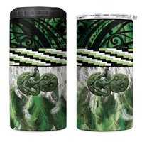Green Traditional Cloak Aotearoa 4 in 1 Can Cooler Tumbler Maori Paua Shell Korowai Pattern