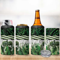 Green Traditional Cloak Aotearoa 4 in 1 Can Cooler Tumbler Maori Paua Shell Korowai Pattern