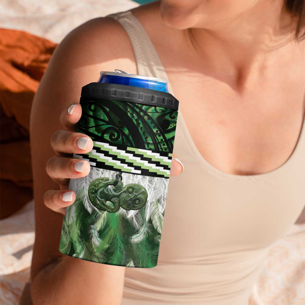 Green Traditional Cloak Aotearoa 4 in 1 Can Cooler Tumbler Maori Paua Shell Korowai Pattern
