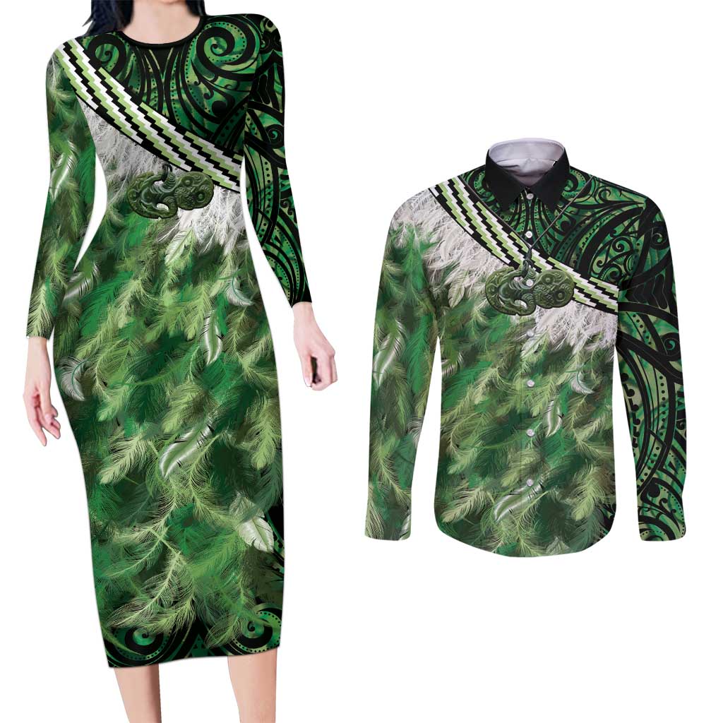 Green Traditional Cloak Aotearoa Couples Matching Long Sleeve Bodycon Dress and Long Sleeve Button Shirt Maori Paua Shell Korowai Pattern LT14 Green - Polynesian Pride
