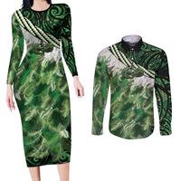 Green Traditional Cloak Aotearoa Couples Matching Long Sleeve Bodycon Dress and Long Sleeve Button Shirt Maori Paua Shell Korowai Pattern LT14 Green - Polynesian Pride