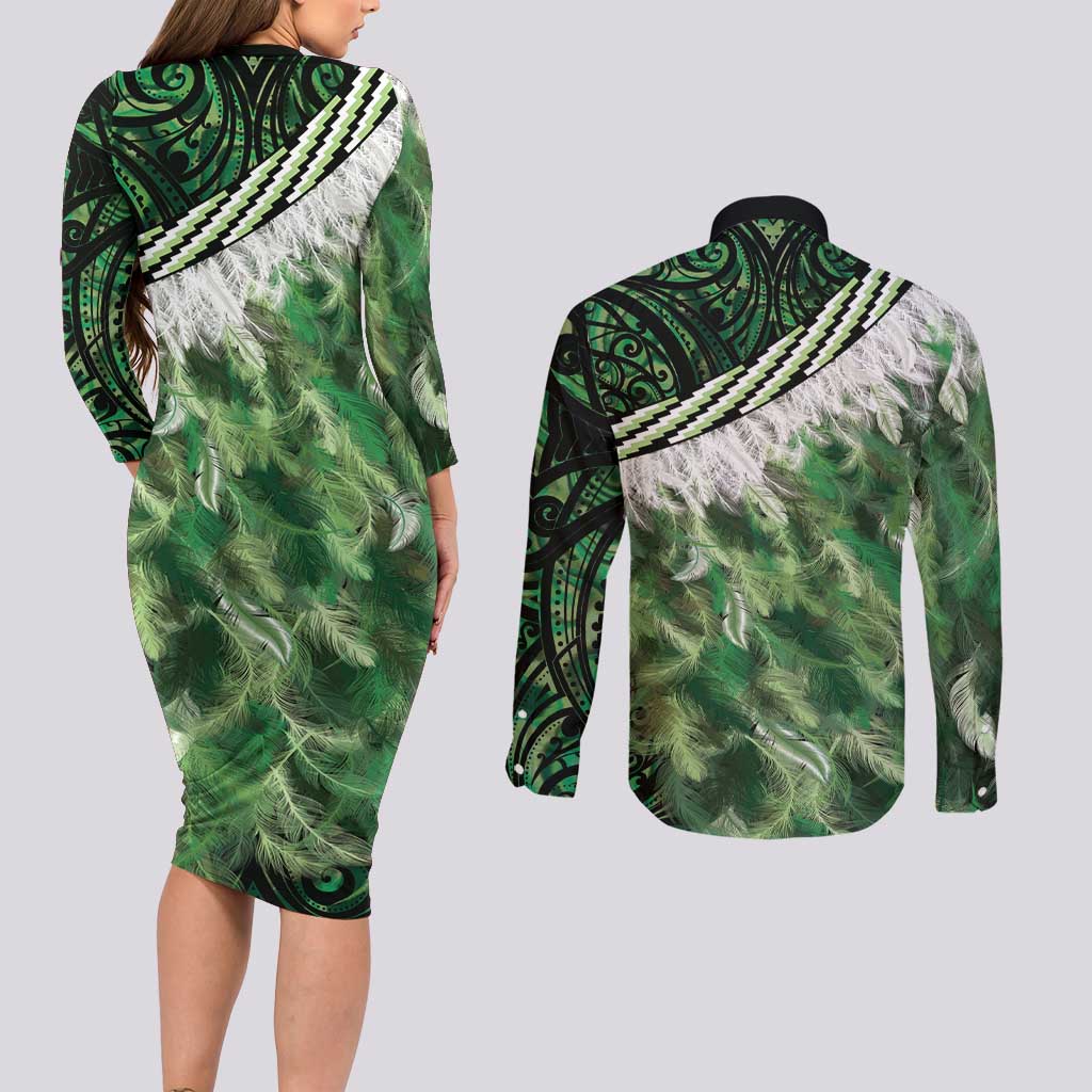 Green Traditional Cloak Aotearoa Couples Matching Long Sleeve Bodycon Dress and Long Sleeve Button Shirt Maori Paua Shell Korowai Pattern LT14 - Polynesian Pride