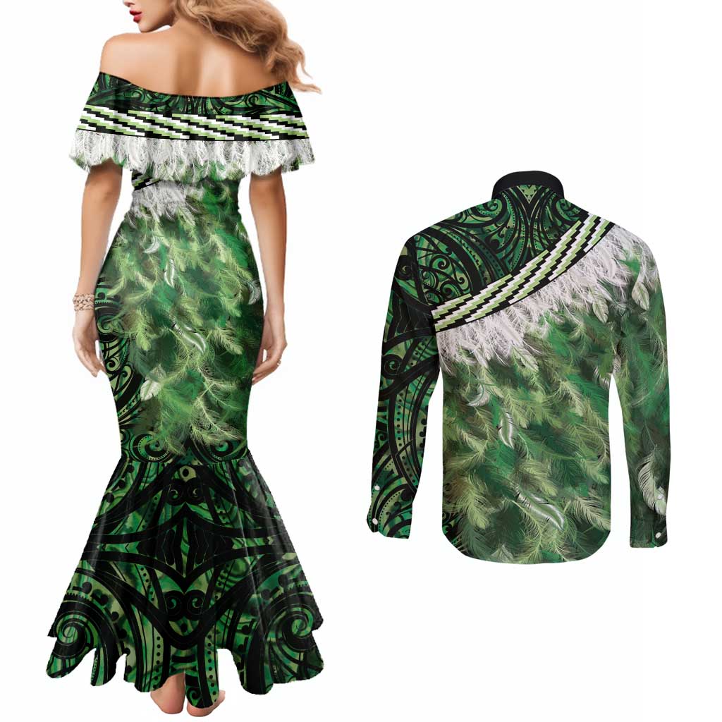 Green Traditional Cloak Aotearoa Couples Matching Mermaid Dress and Long Sleeve Button Shirt Maori Paua Shell Korowai Pattern