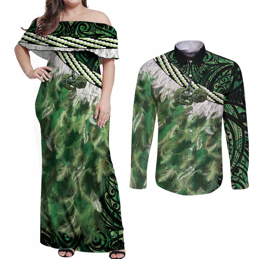 Green Traditional Cloak Aotearoa Couples Matching Off Shoulder Maxi Dress and Long Sleeve Button Shirt Maori Paua Shell Korowai Pattern