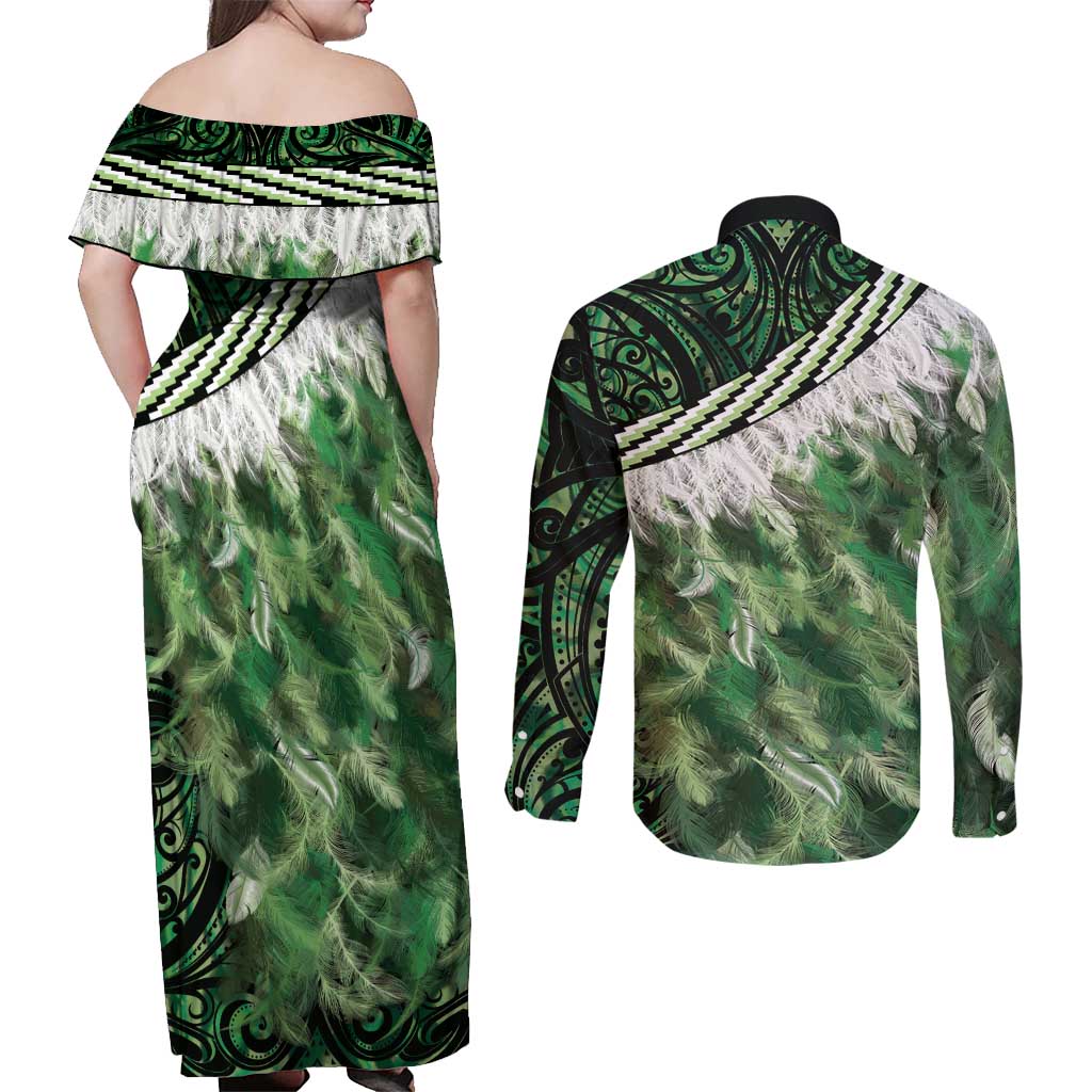Green Traditional Cloak Aotearoa Couples Matching Off Shoulder Maxi Dress and Long Sleeve Button Shirt Maori Paua Shell Korowai Pattern