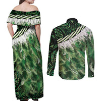 Green Traditional Cloak Aotearoa Couples Matching Off Shoulder Maxi Dress and Long Sleeve Button Shirt Maori Paua Shell Korowai Pattern