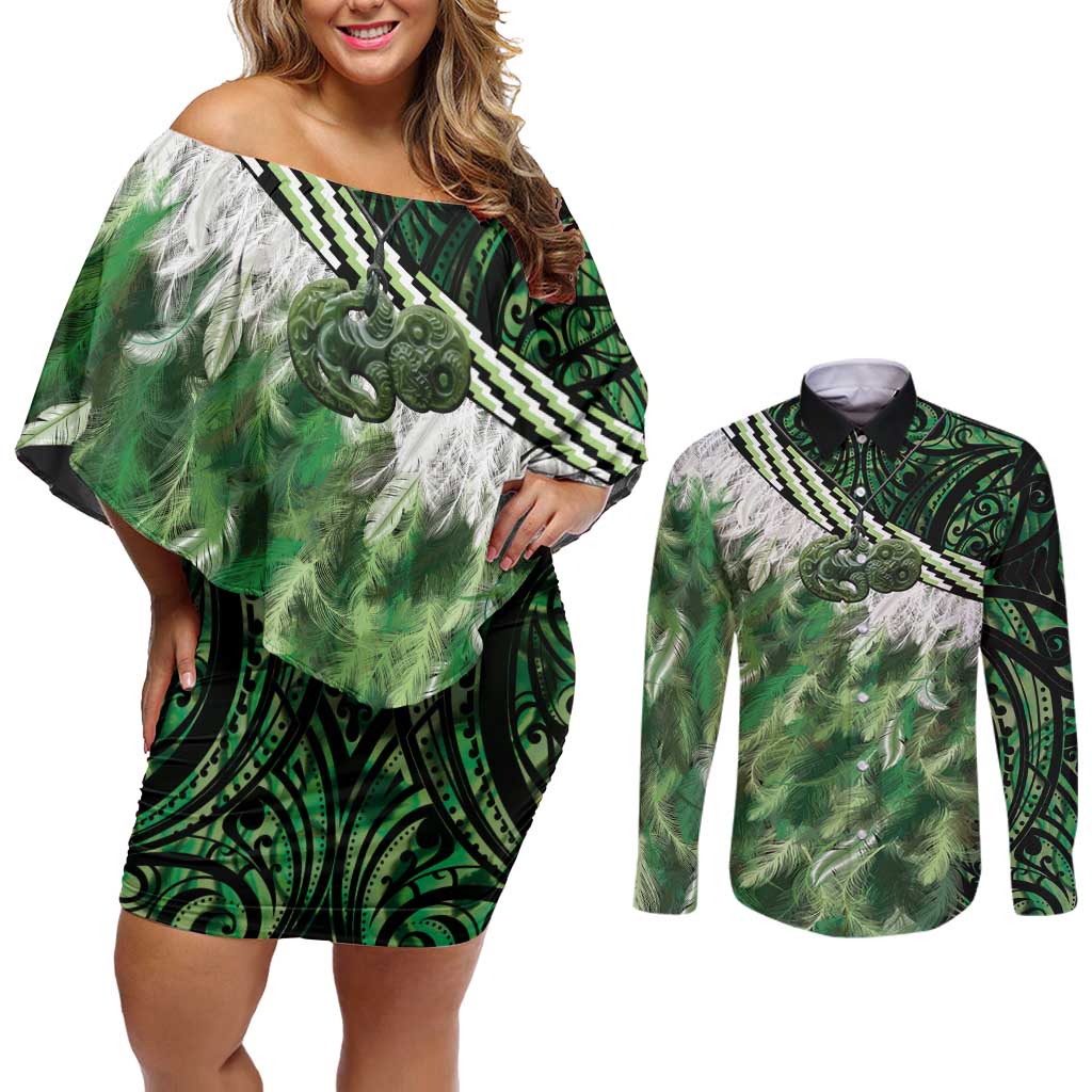 Green Traditional Cloak Aotearoa Couples Matching Off Shoulder Short Dress and Long Sleeve Button Shirt Maori Paua Shell Korowai Pattern LT14 Green - Polynesian Pride