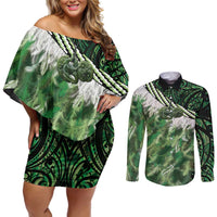Green Traditional Cloak Aotearoa Couples Matching Off Shoulder Short Dress and Long Sleeve Button Shirt Maori Paua Shell Korowai Pattern LT14 Green - Polynesian Pride