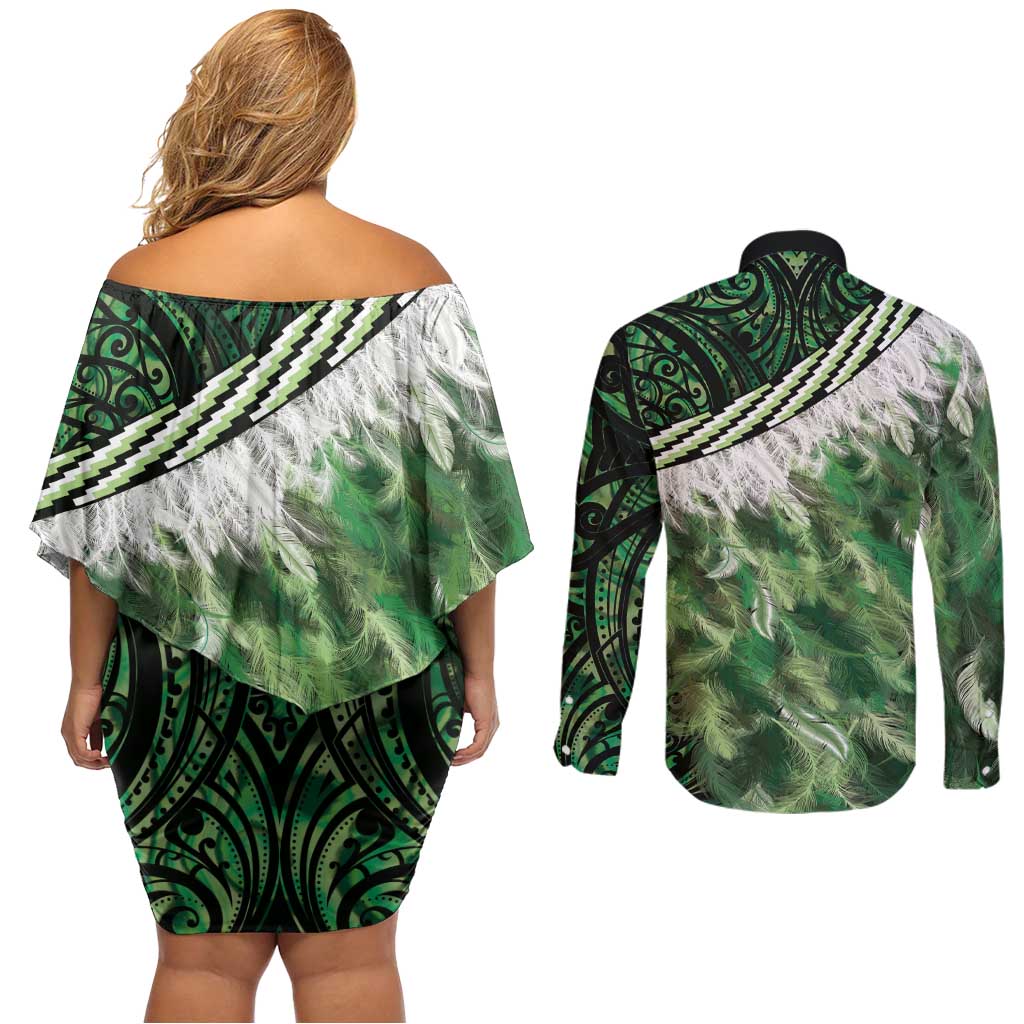 Green Traditional Cloak Aotearoa Couples Matching Off Shoulder Short Dress and Long Sleeve Button Shirt Maori Paua Shell Korowai Pattern LT14 - Polynesian Pride