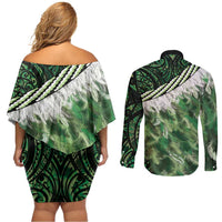Green Traditional Cloak Aotearoa Couples Matching Off Shoulder Short Dress and Long Sleeve Button Shirt Maori Paua Shell Korowai Pattern LT14 - Polynesian Pride